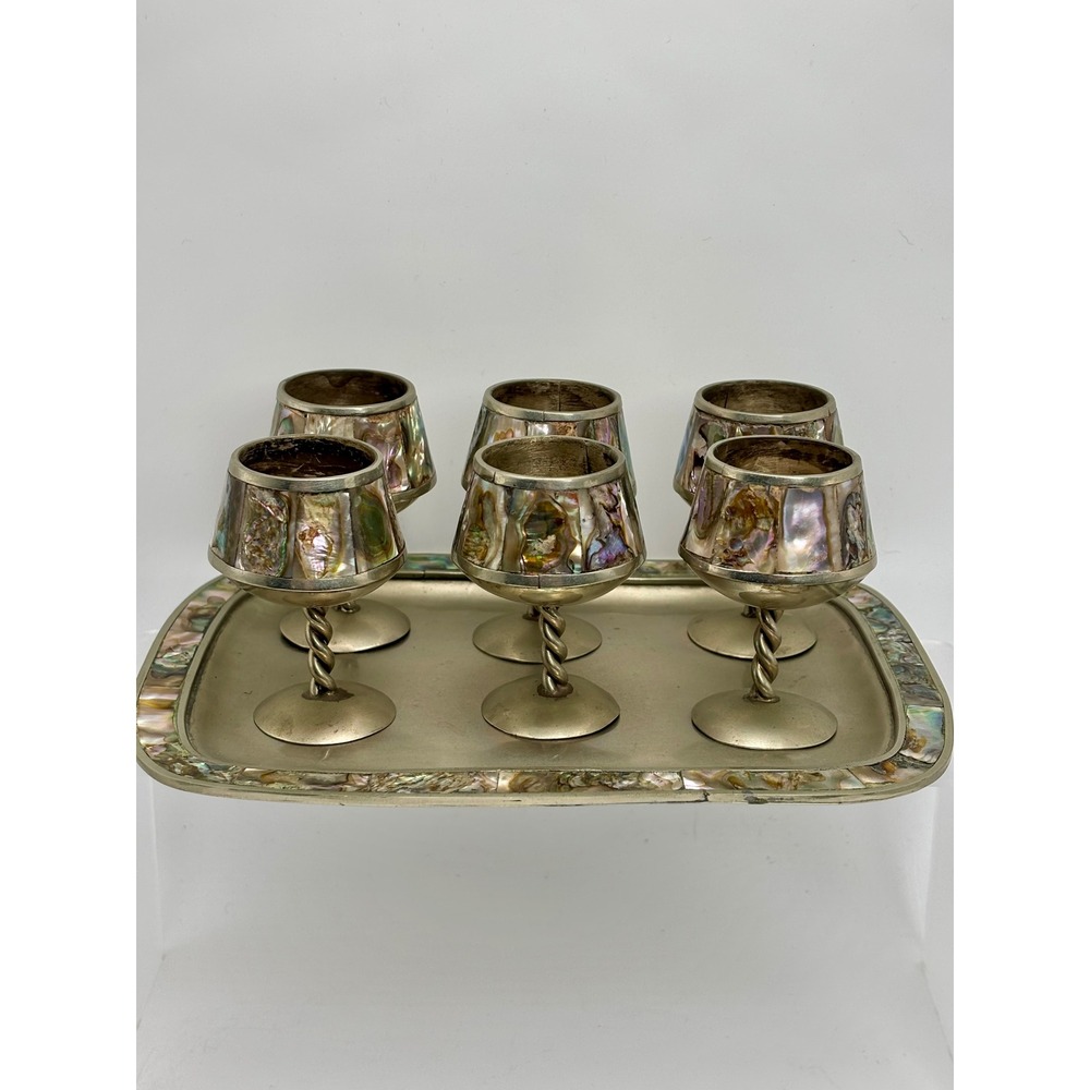 Vintage Alpaca Mexico Abalone Shell‎ Silver Cordial Goblets Set 6 + Tray MCM